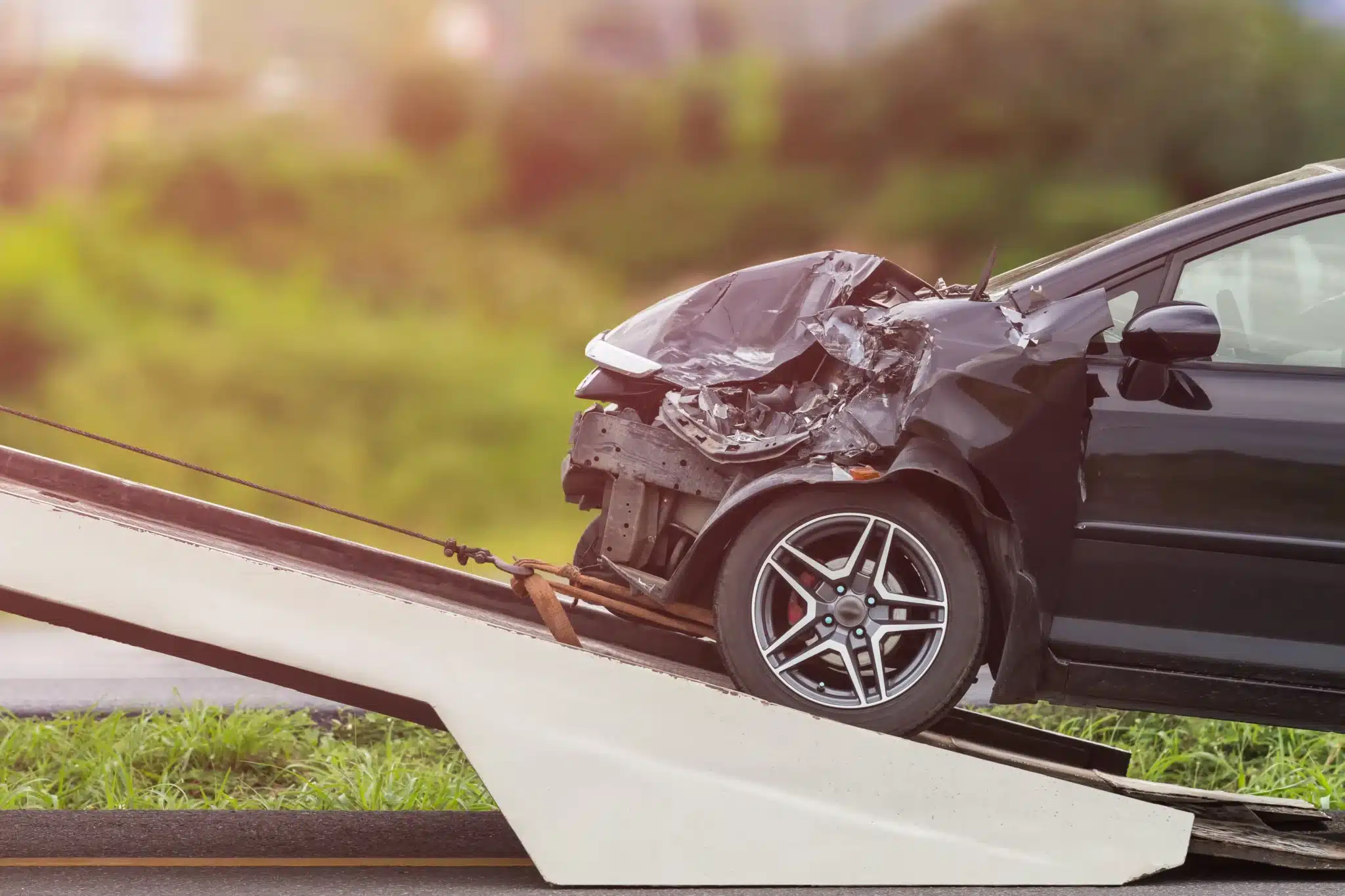 Beschädigtes Auto nach einem Unfall, das die Notwendigkeit einer Vollkaskoversicherung zeigt.